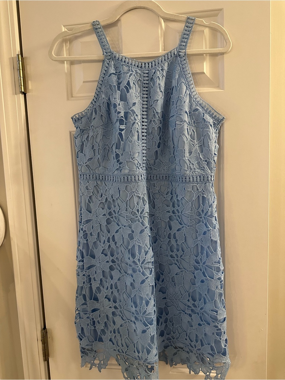 She + Sky Powder Blue Crochet Halter Dress